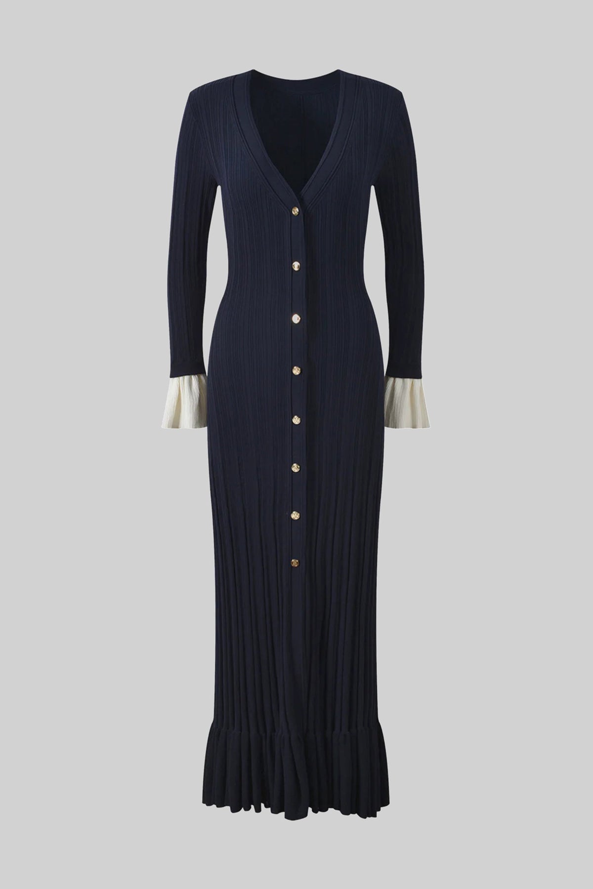 Long-Sleeve Button-Front Pleated Knit Maxi Dress - Navy - View 2