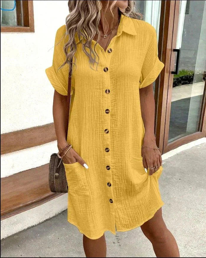 Crinkle Texture Short Sleeve Button Down Collar Mini Shirt Dress - View 2