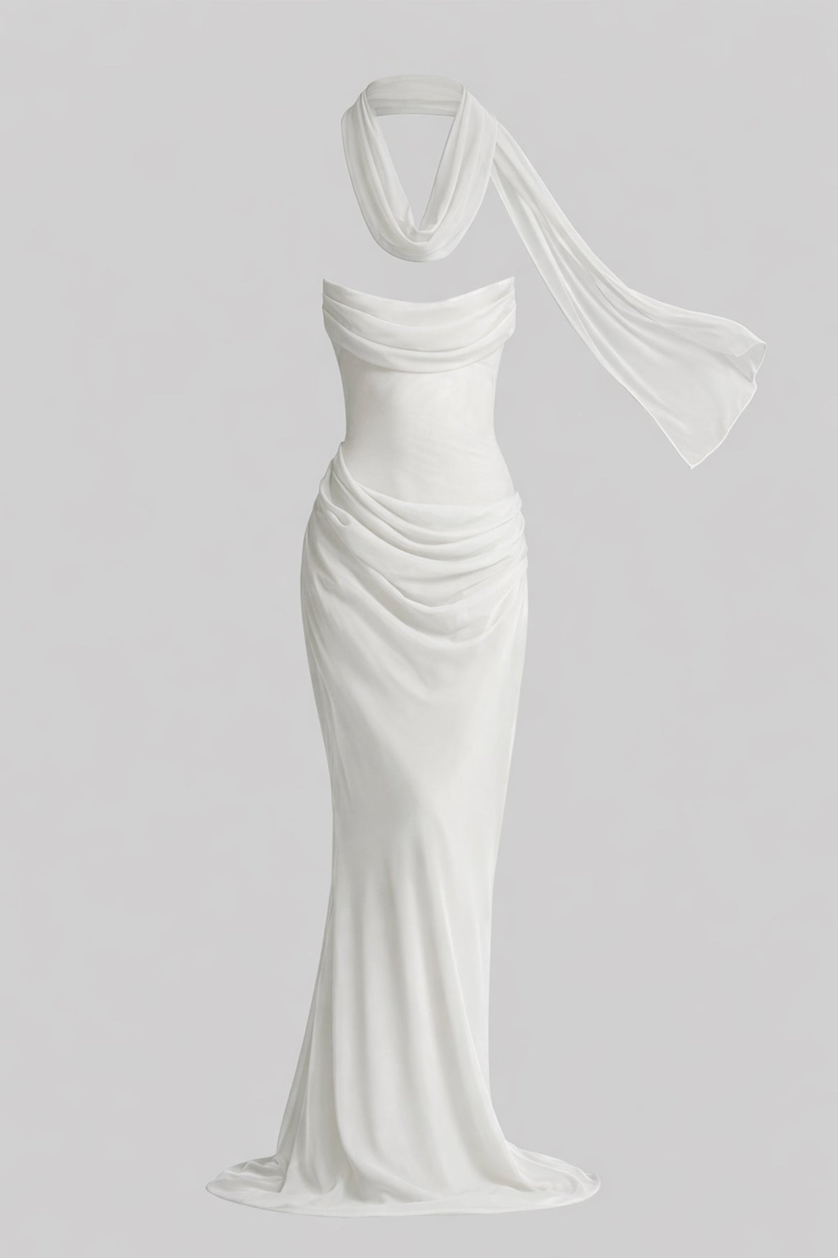 Strapless Draped Maxi Gown With Cowl Neckline And Sheer Scarf - White - View 3