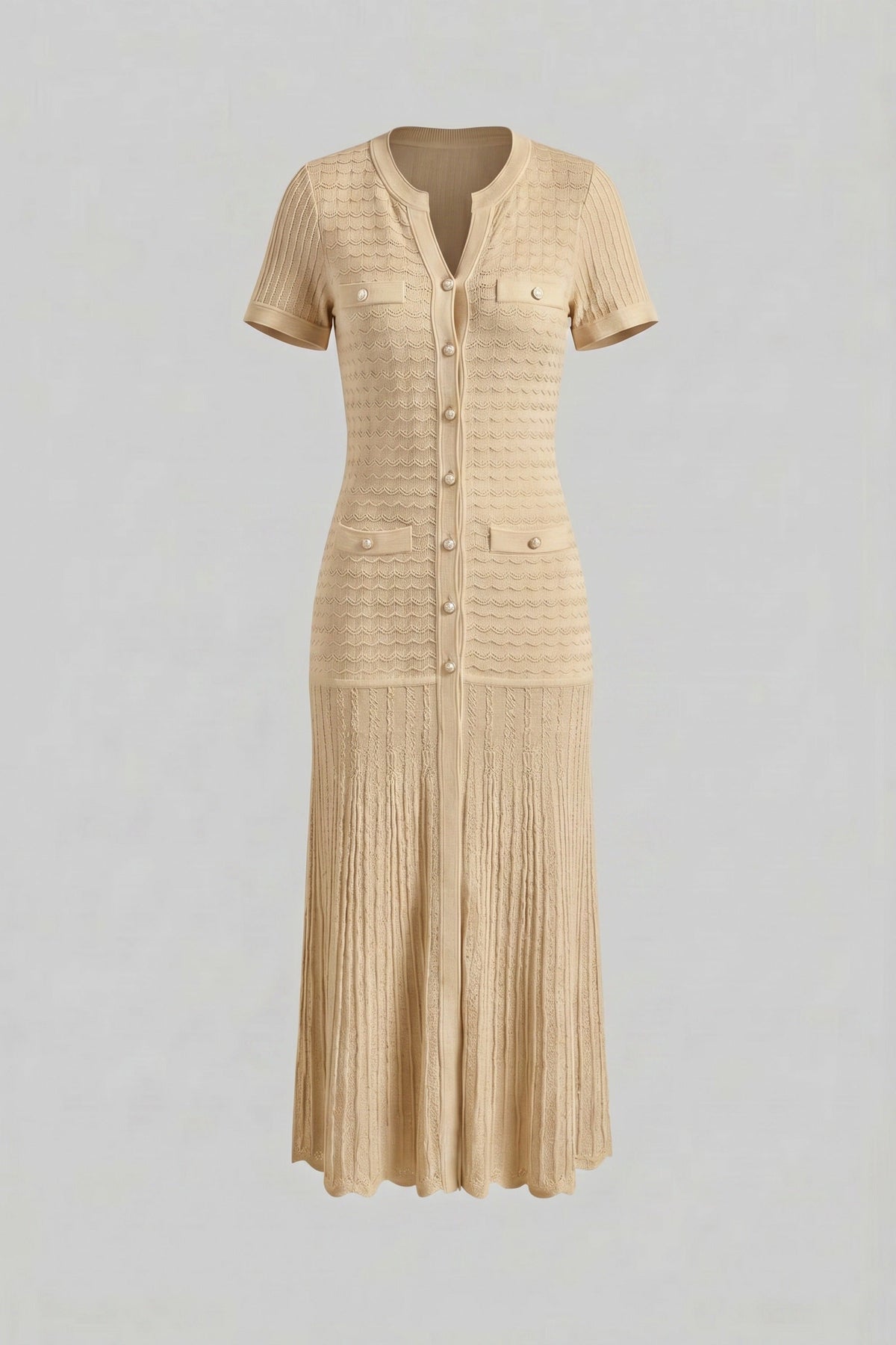 Short Sleeve Midi Dress With Shimmer Knit Texture - Beige - View 2