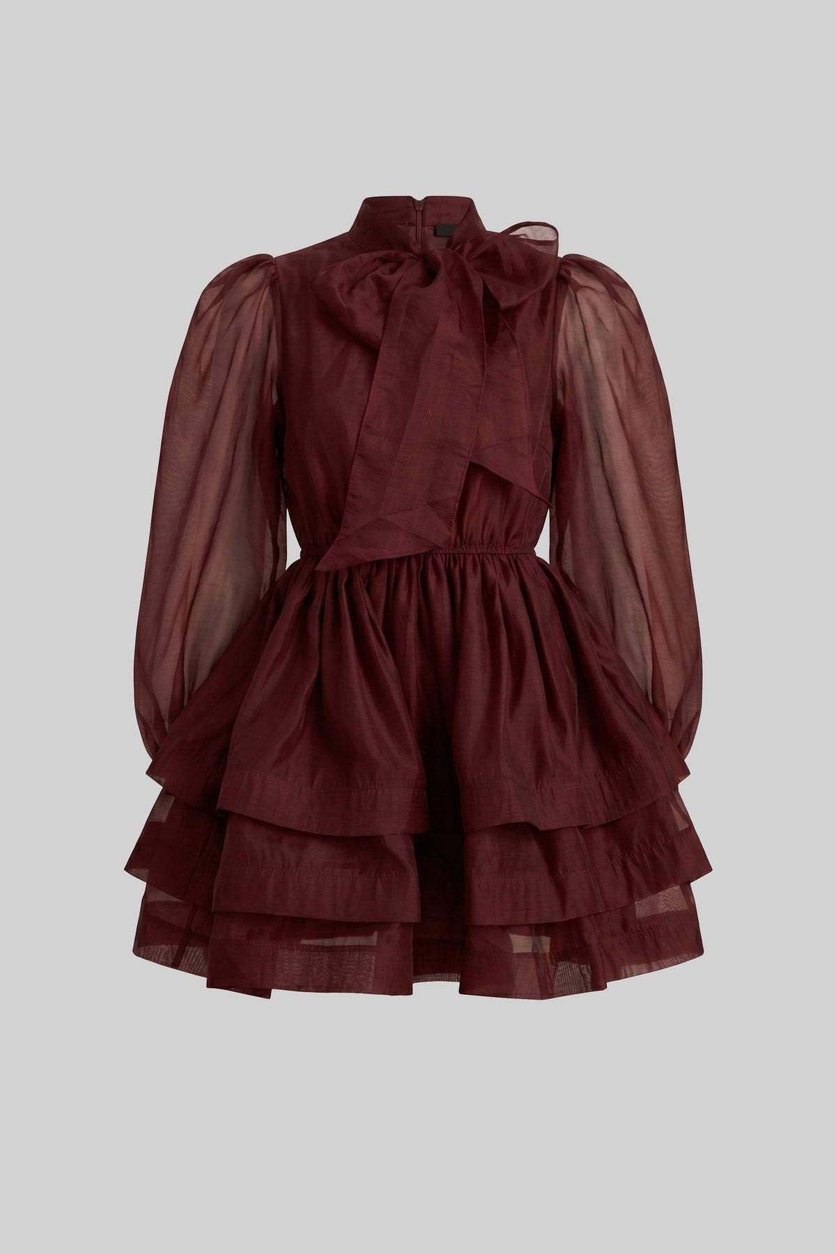 High-Neck Puff-Sleeve Mini Dress - Wine - View 2