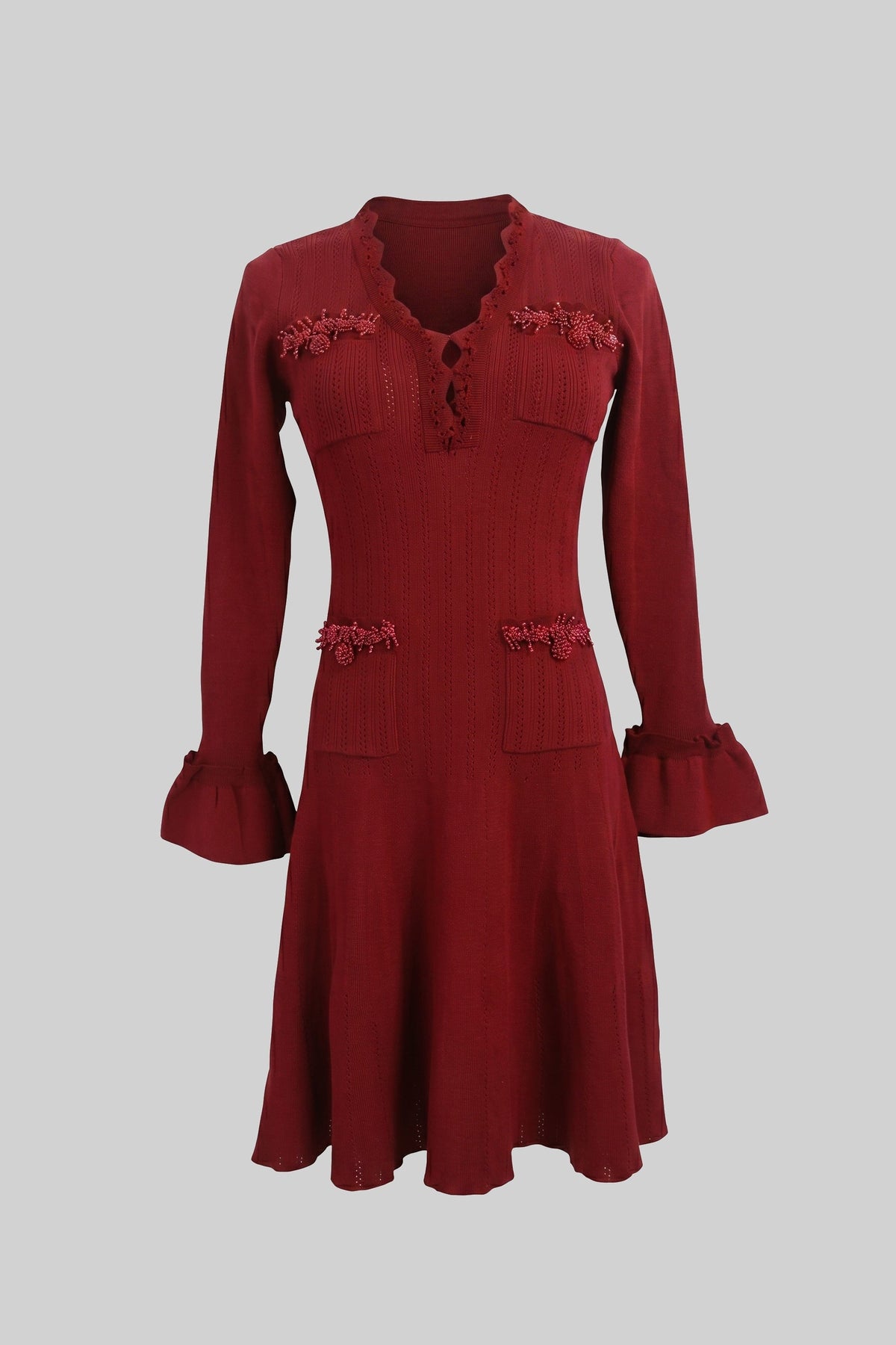 Long-Sleeve V-Neck Knit Mini Dress - Burgundy - View 2