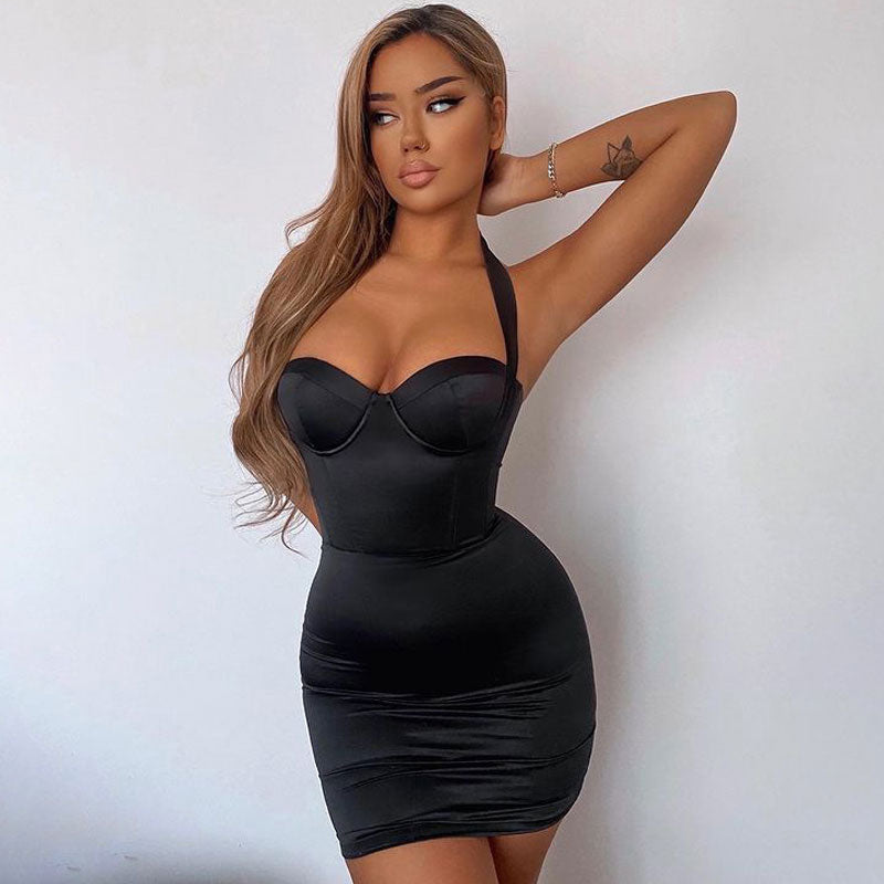 Satin Halter Neck Bustier Corset Bodycon Mini Party Dress in Black