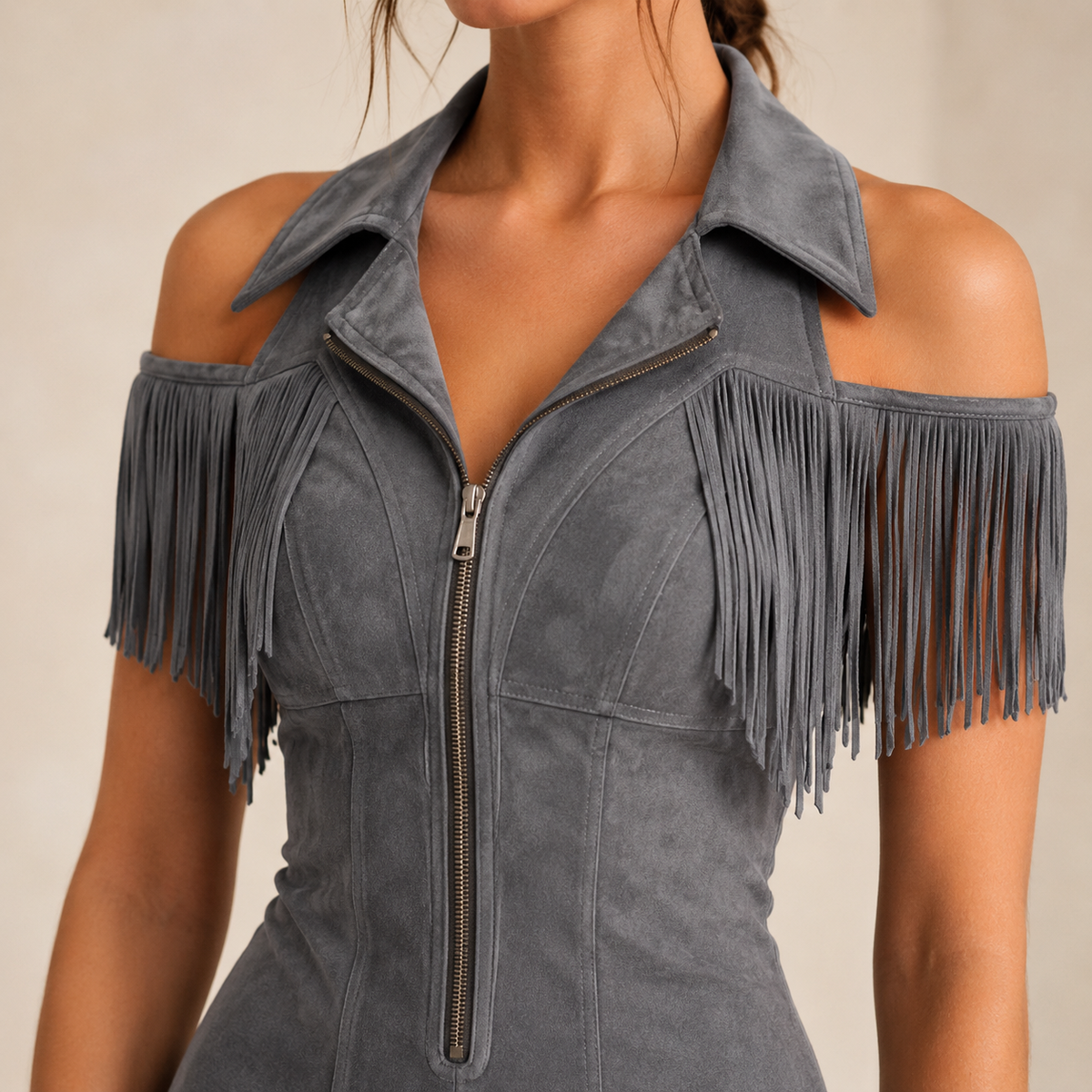 Suede Cold Shoulder Zip Front Fringe Mini Dress 18