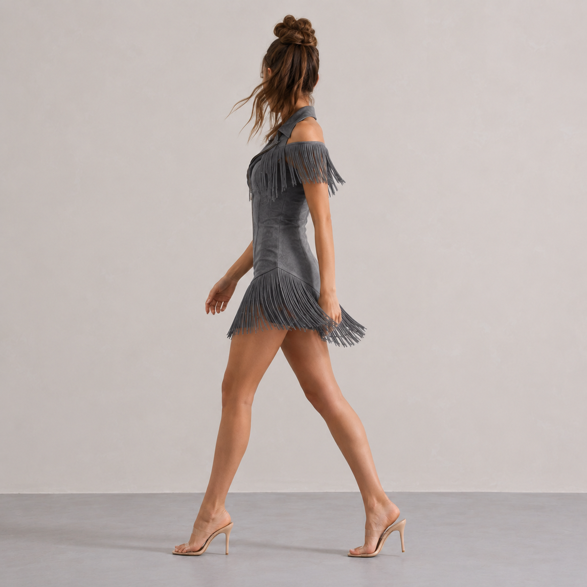 Suede Cold Shoulder Zip Front Fringe Mini Dress 20
