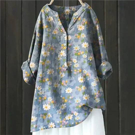 Floral Crane Print Button Long Sleeve Blouse 3