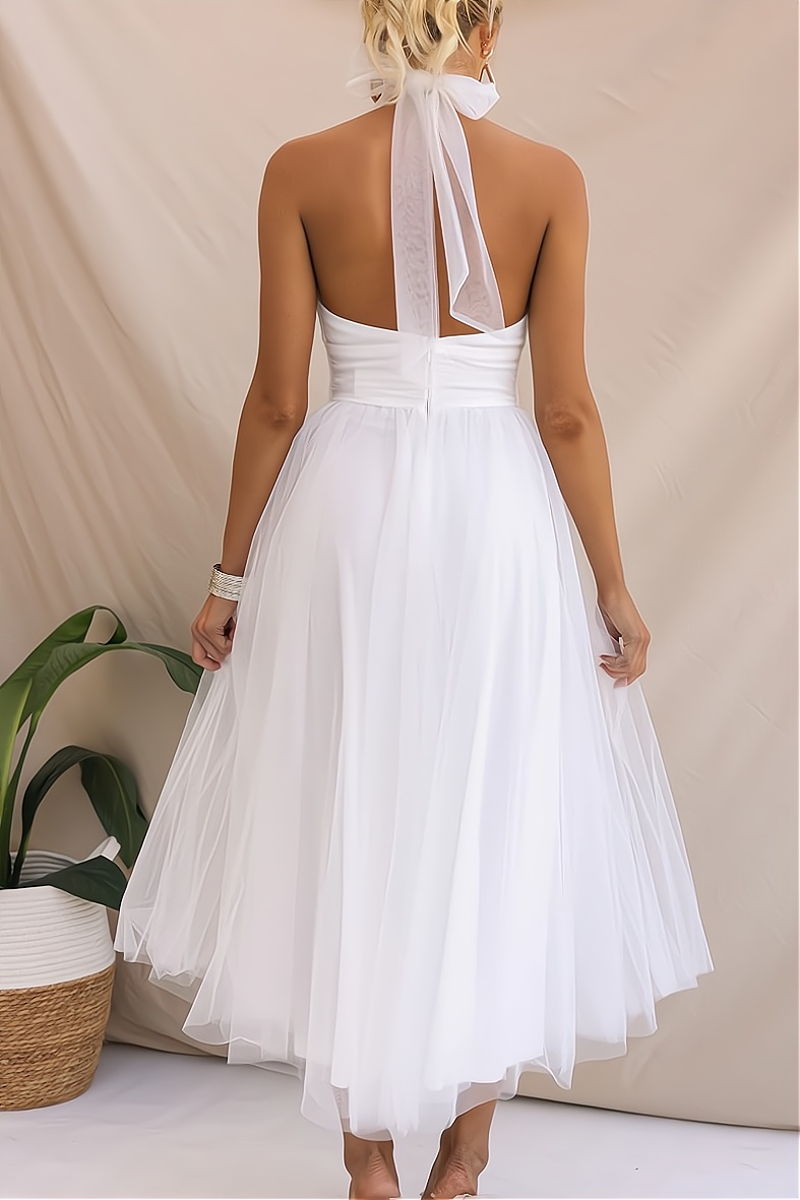 Tulle Halter Neck Tie Back Open Back Ruched Waist Layered Midi Dress