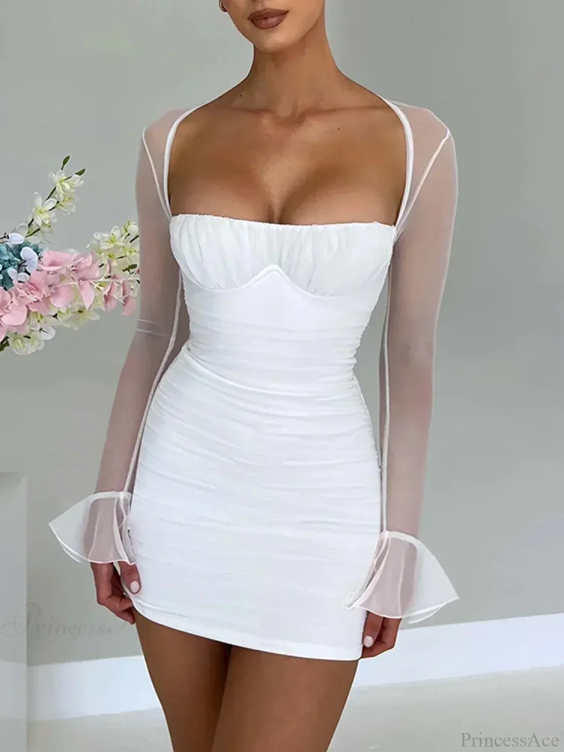 Mesh Halter Neck Long Sleeve Ruched Bodycon Mini Dress - View 3