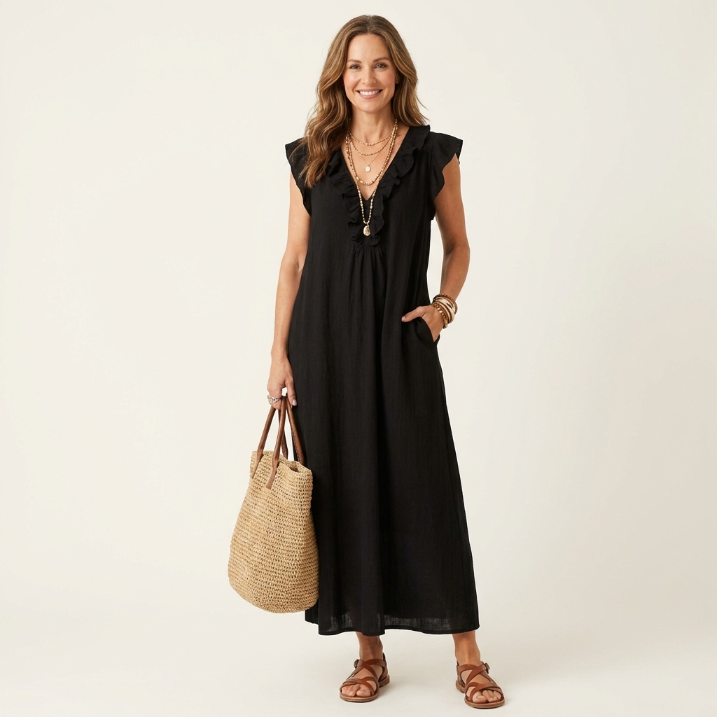 V-Neck Ruffle Trim Sleeveless Linen Maxi Dress 10