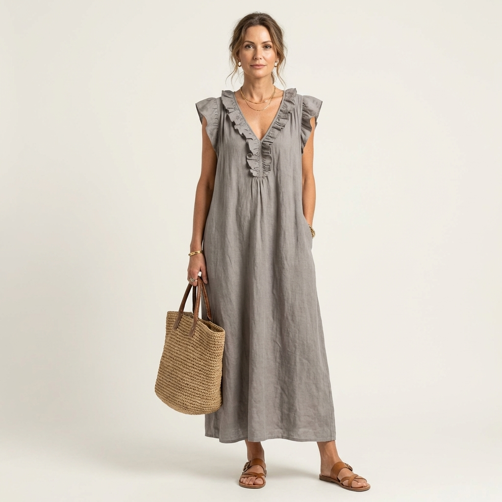V-Neck Ruffle Trim Sleeveless Linen Maxi Dress