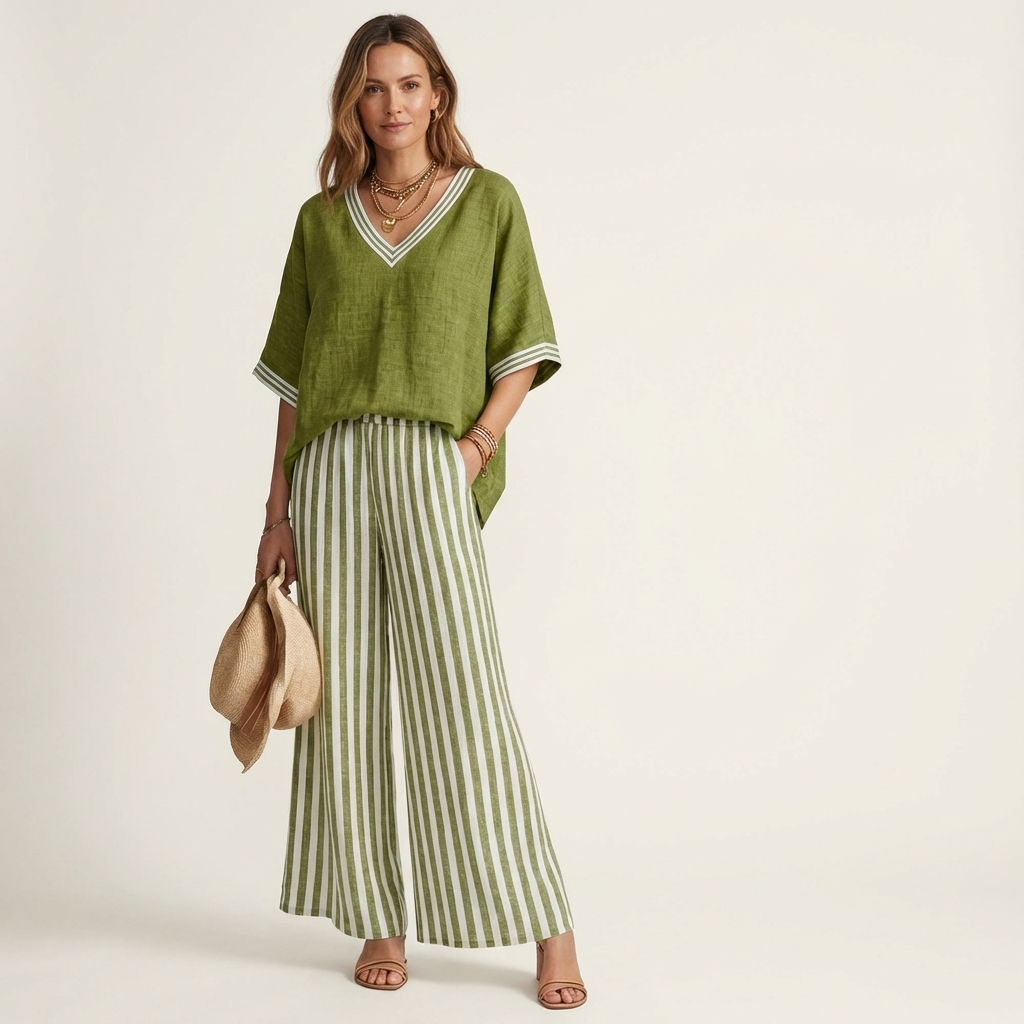 V-Neck Short Sleeve Top and Striped Wide Leg Pants Two Piece Set 3