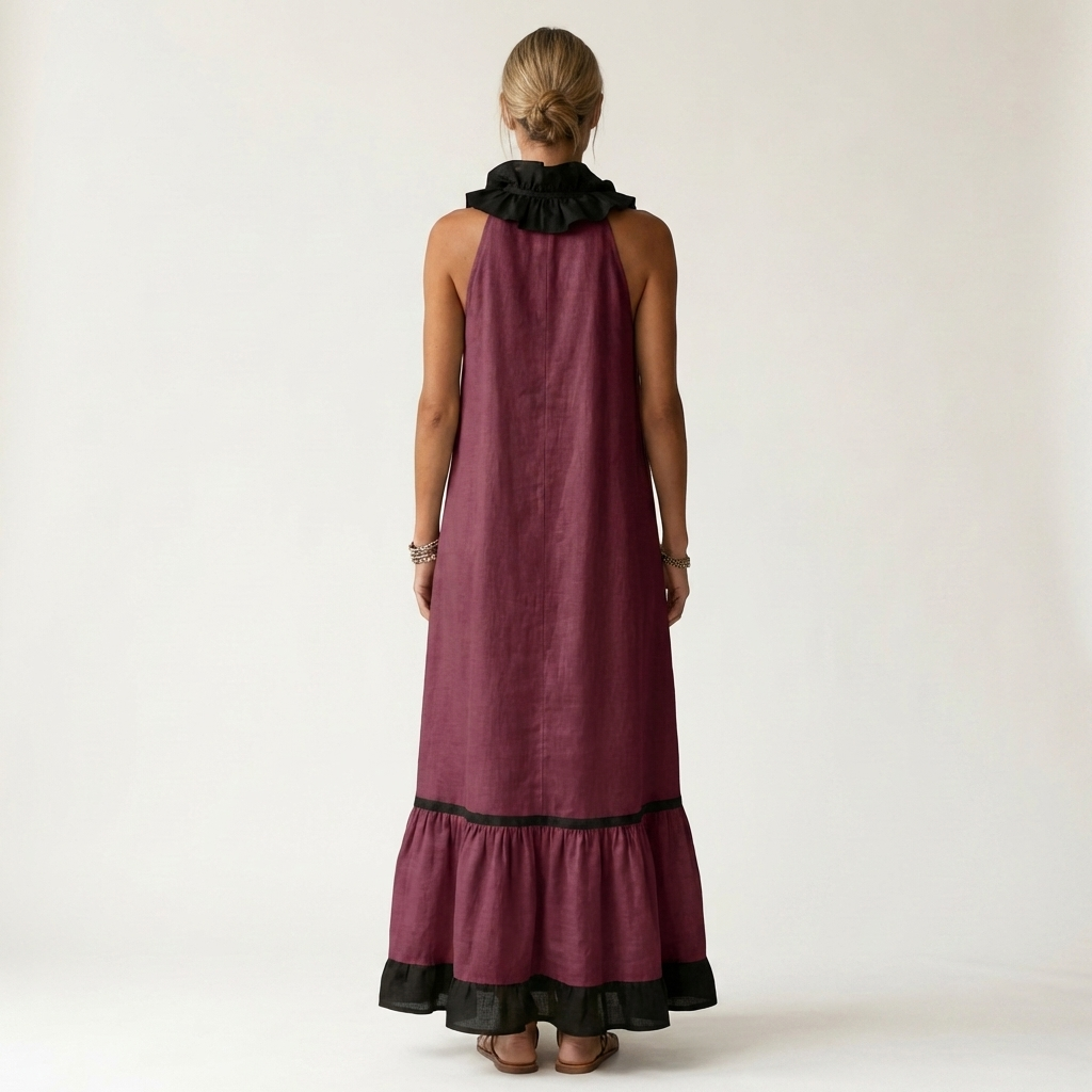 Sleeveless Ruffle V-Neck Contrast Trim Maxi Dress 10