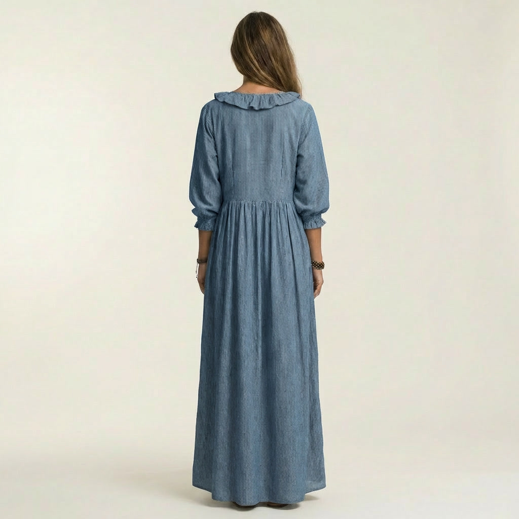 Ruffle V-Neck Long Sleeve Gathered Maxi Dress 4