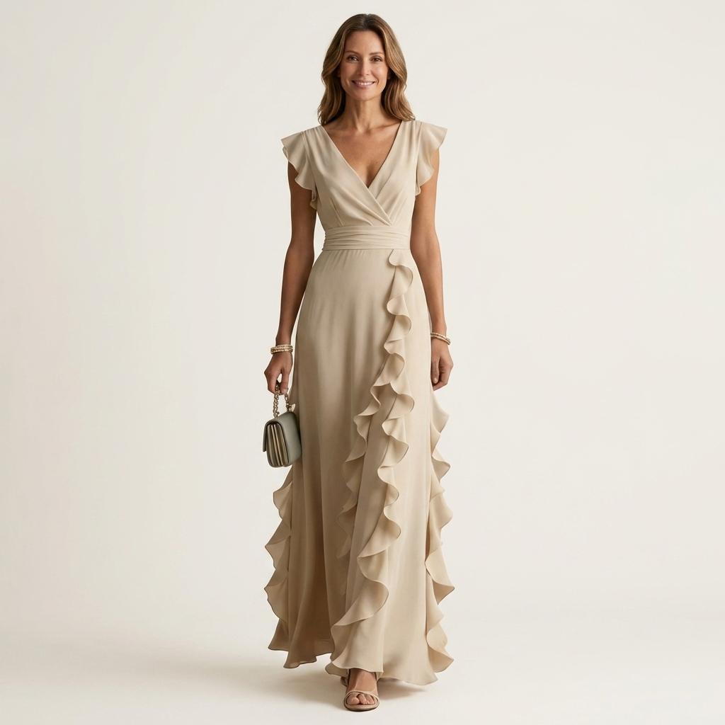V-Neck Flutter Sleeve Ruffle Wrap Maxi Dress