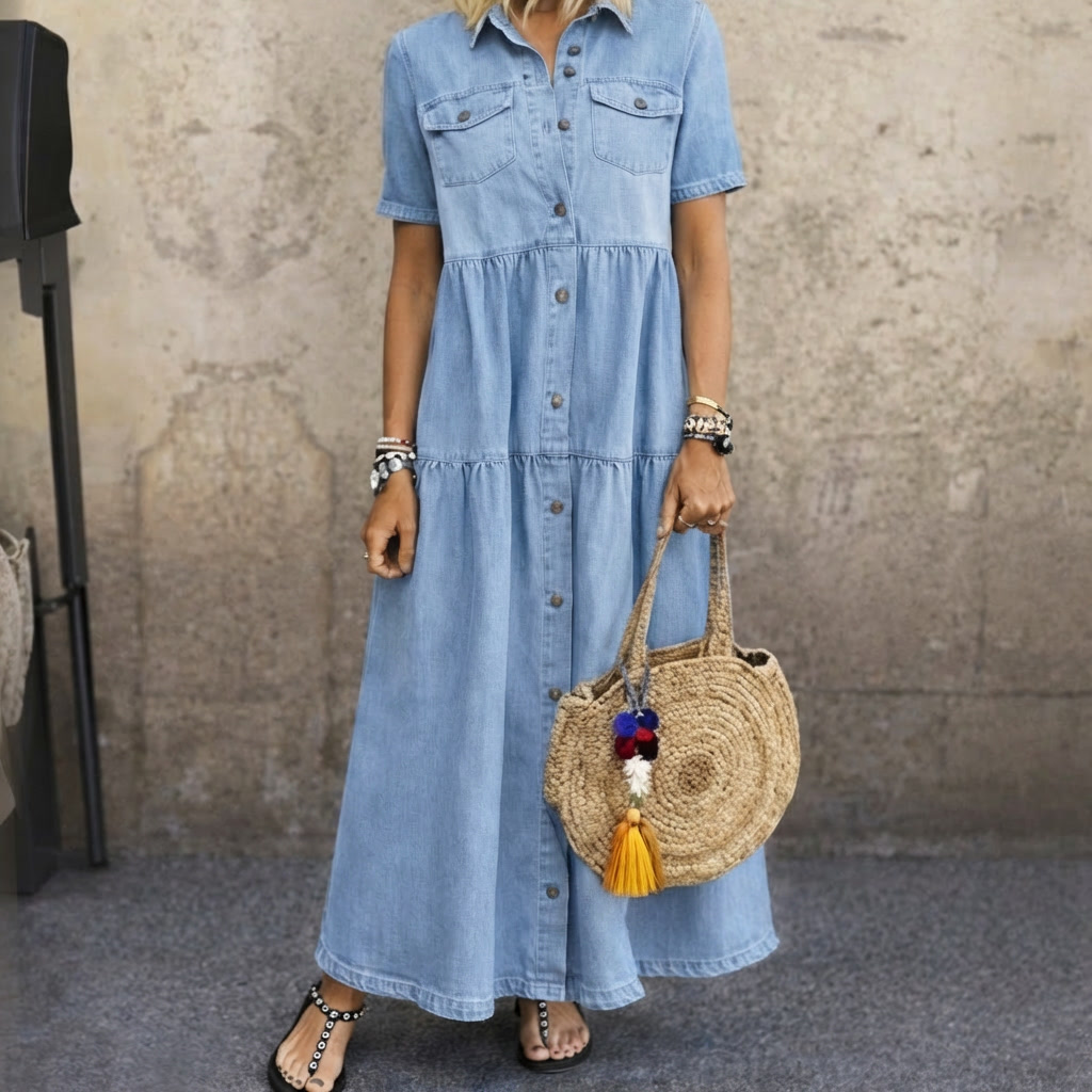 Collared Button Front Short Sleeve Tiered Denim Maxi Dress