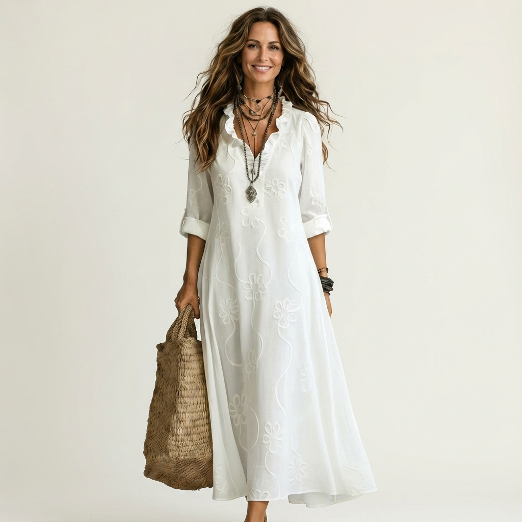 Ruffle Neck Floral Embroidered Long Sleeve Maxi Dress