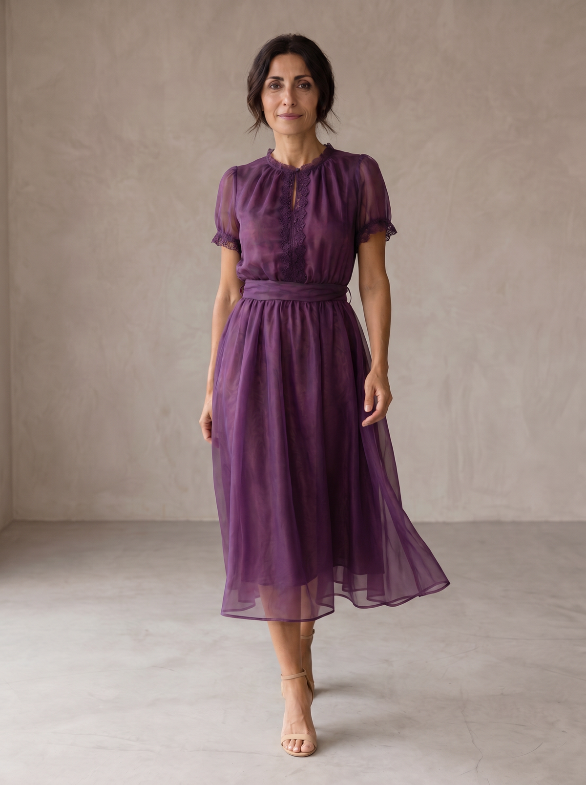 Organza Keyhole Lace Trim Short Sleeve A-Line Midi Dress