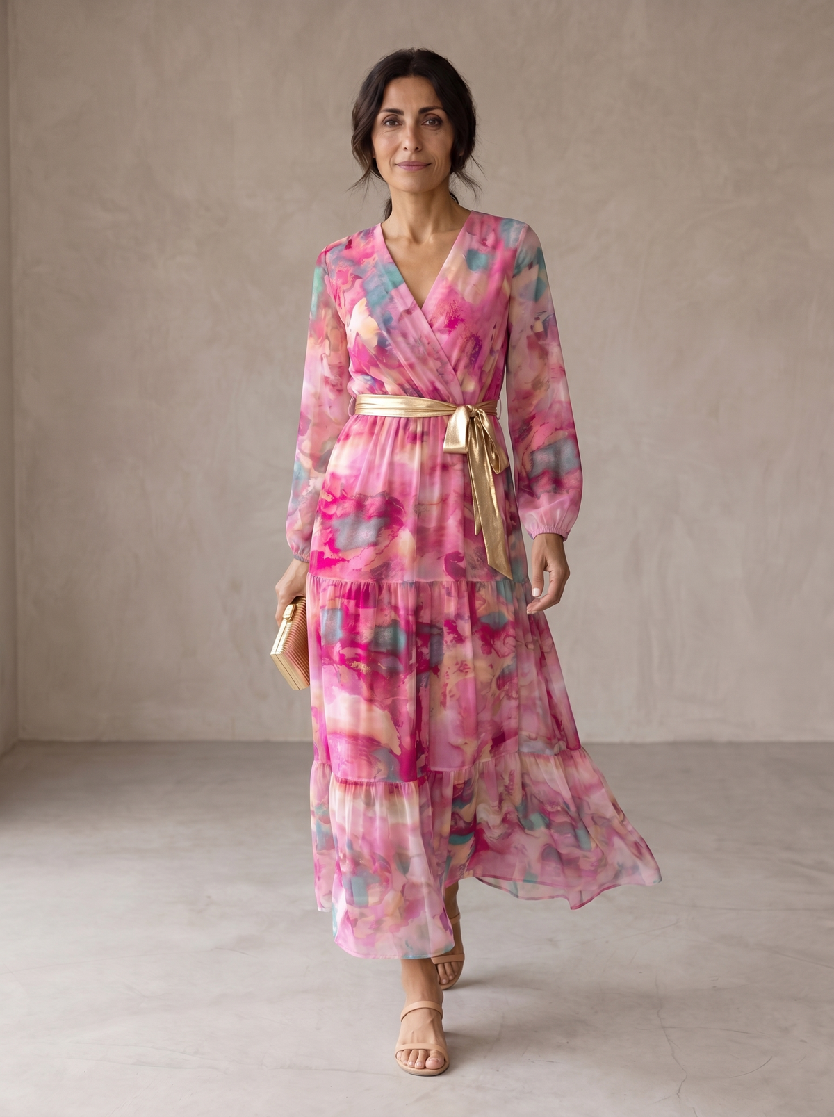 Floral Chiffon V-Neck Long Sleeve Tiered Belted Maxi Dress