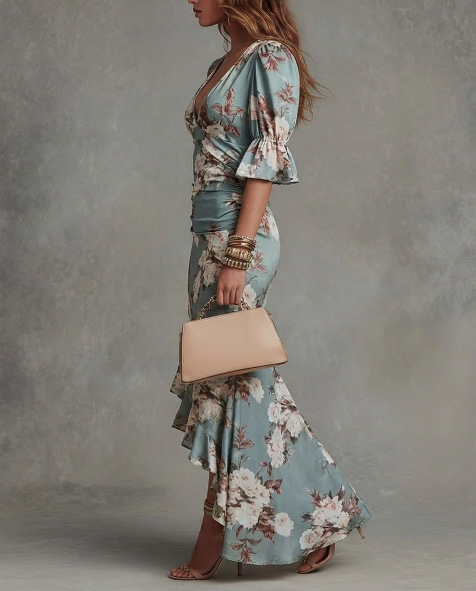 Floral Satin V-Neck Ruffle Sleeve Ruched High Low Midi Dress 3