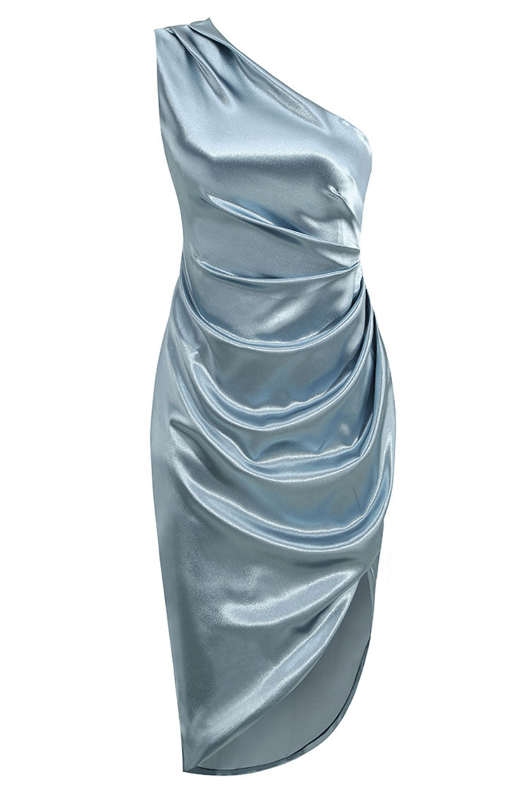 Satin One Shoulder Ruched Wrap High Split Midi Dress - View 3