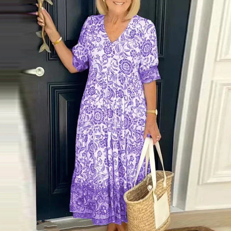 Floral Print V-Neck Button Front Ruffle Cuff Tiered Maxi Summer Dress - View 3