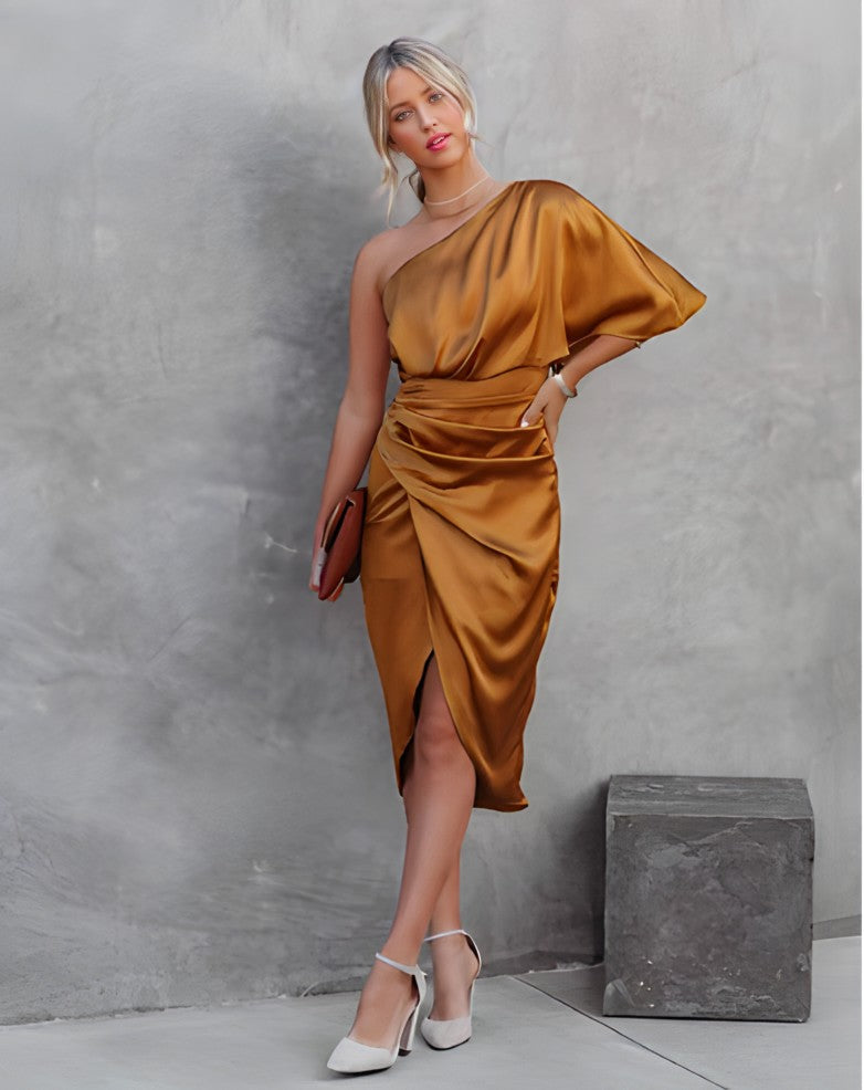 One Shoulder Draped Cape Sleeve Ruched Wrap Tulip Hem Satin Midi Dress - View 12