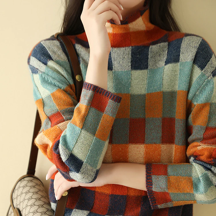 Mock Neck Patchwork Check Knit Oversized Sweater 2
