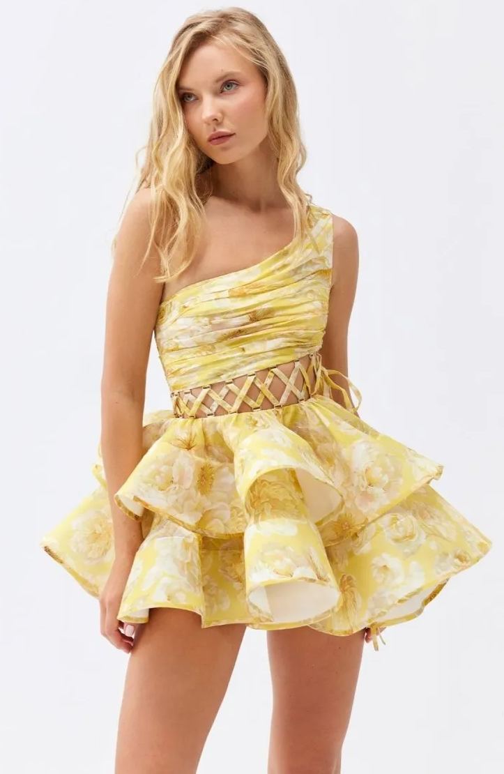 Floral Print One Shoulder Cut Out Lace Up Tiered Ruffle Mini Dress - View 6