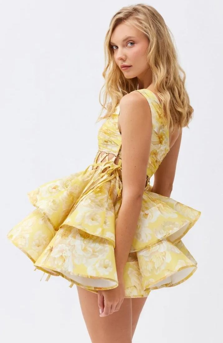 Floral Print One Shoulder Cut Out Lace Up Tiered Ruffle Mini Dress - View 7