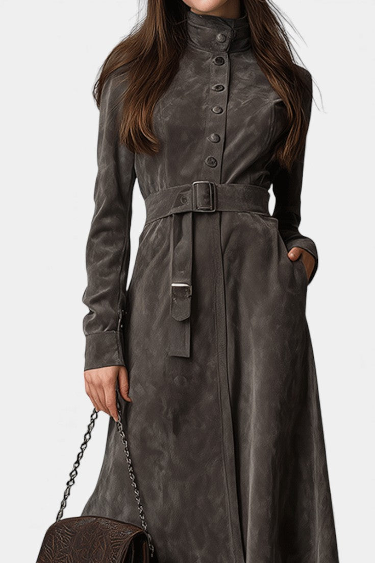 Faux Suede Stand Collar Belted Longline Coat 2