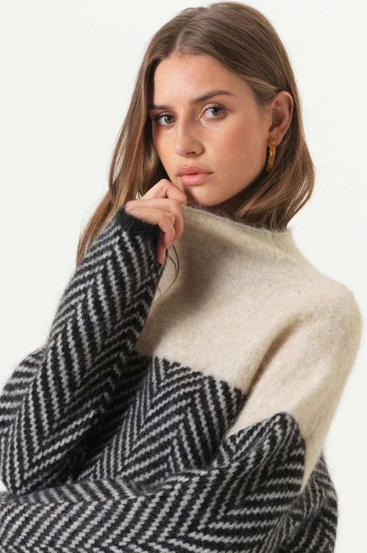 Turtleneck Long Sleeve Herringbone Colorblock Oversized Sweater 5