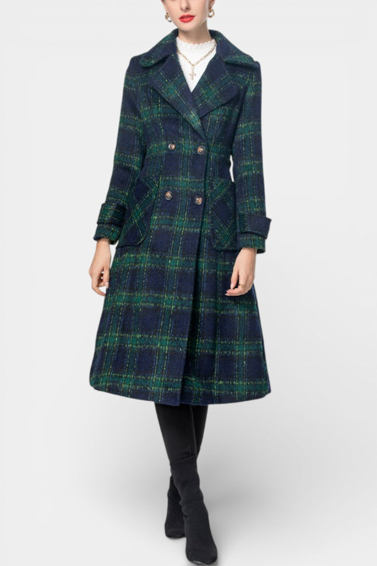Plaid Notch Lapel Double Breasted Longline Coat 5