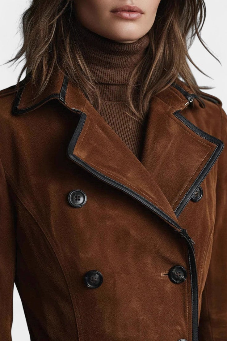 Double Breasted Contrast Trim Suede Look Longline Coat 3