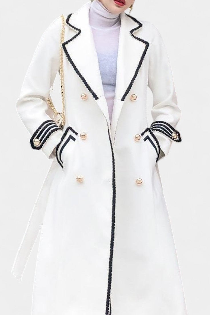 Double Breasted Contrast Trim Longline Coat