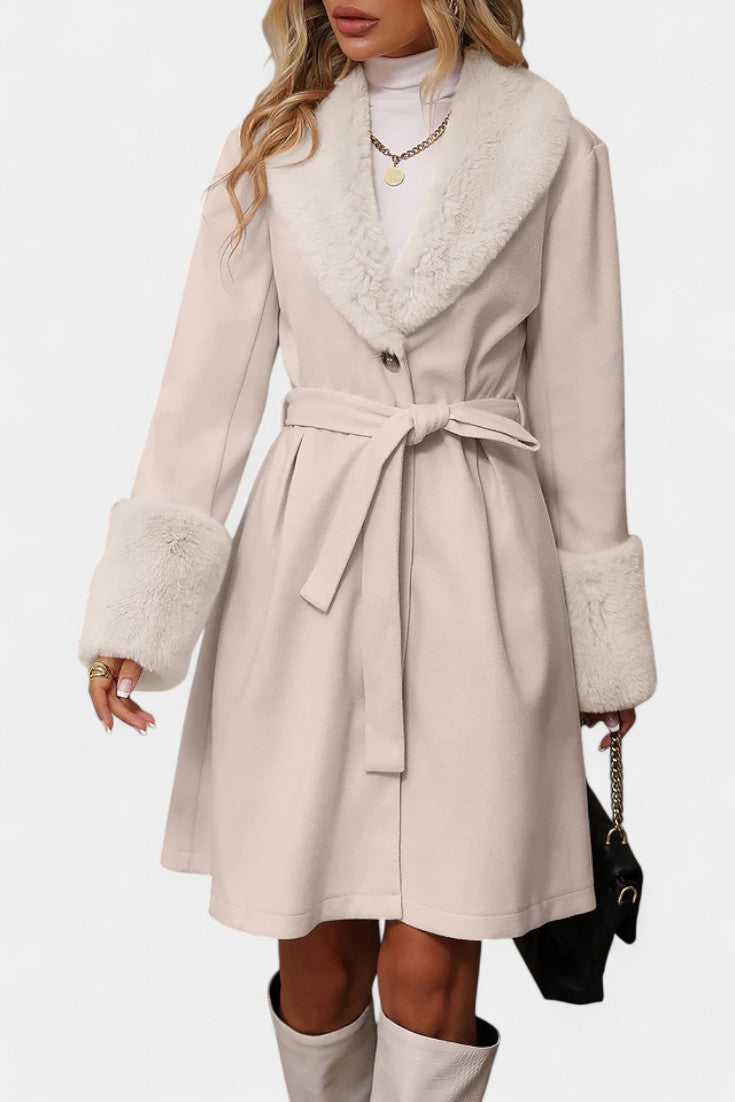 Faux Fur Collar Belted Wool Look Coat 5