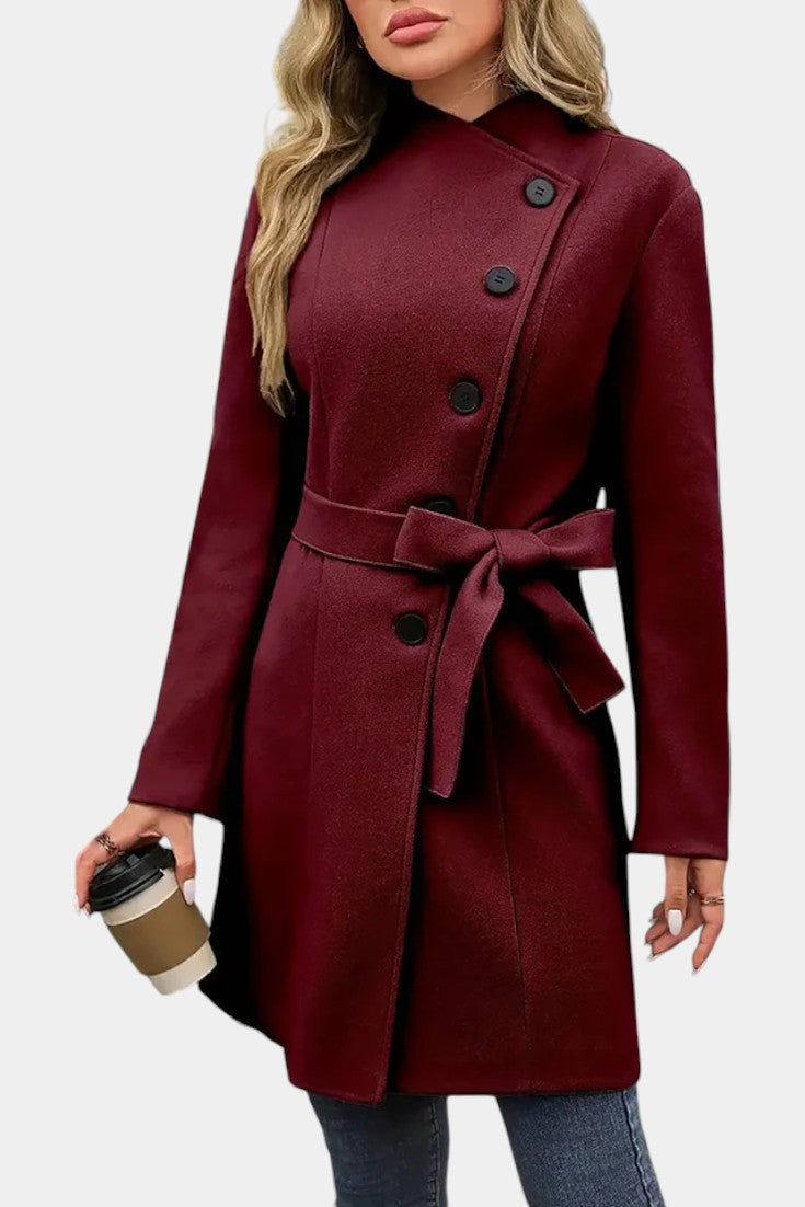 Stand Collar Asymmetric Button Belted Coat 7