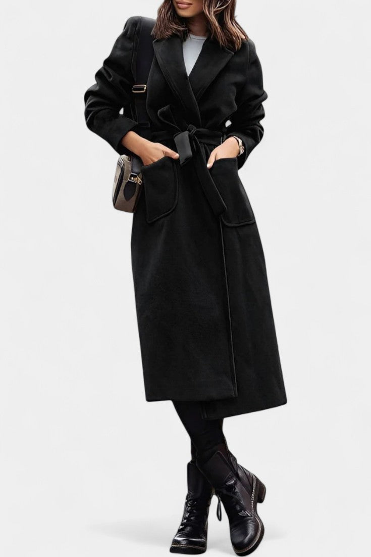 Notched Lapel Belted Patch Pocket Longline Coat 9