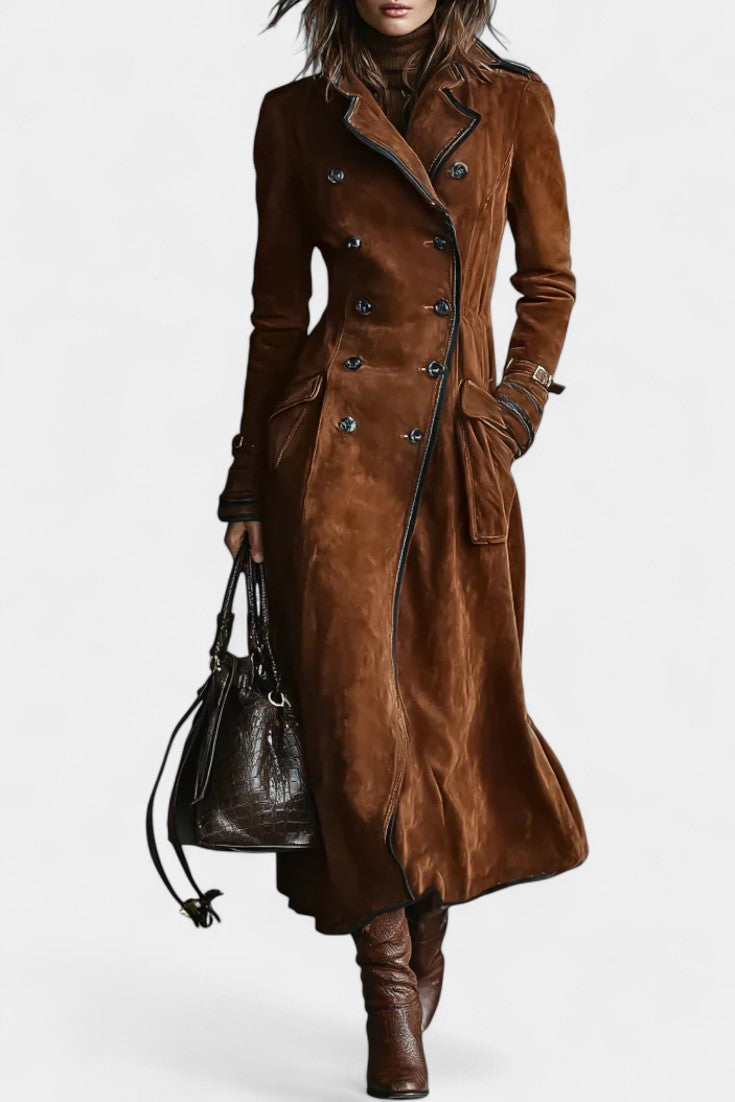 Double Breasted Contrast Trim Suede Look Longline Coat
