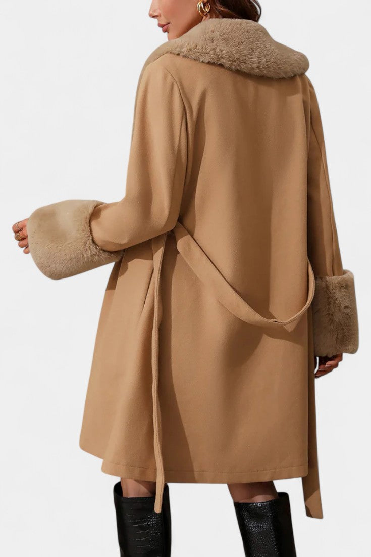 Faux Fur Collar Belted Wool Look Coat 10