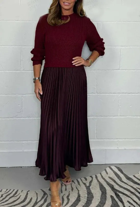 Crew Neck Long Sleeve Ribbed Knit Top Pleated Maxi Dress 4