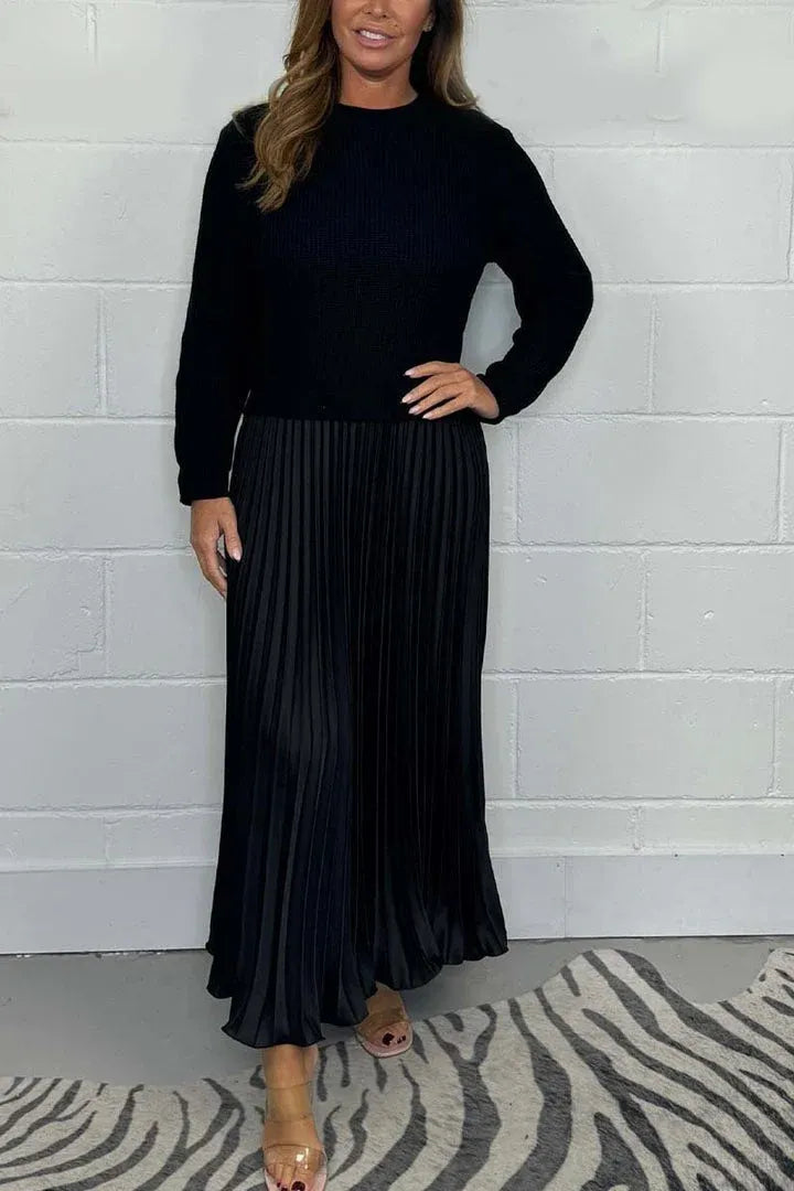 Crew Neck Long Sleeve Ribbed Knit Top Pleated Maxi Dress 2
