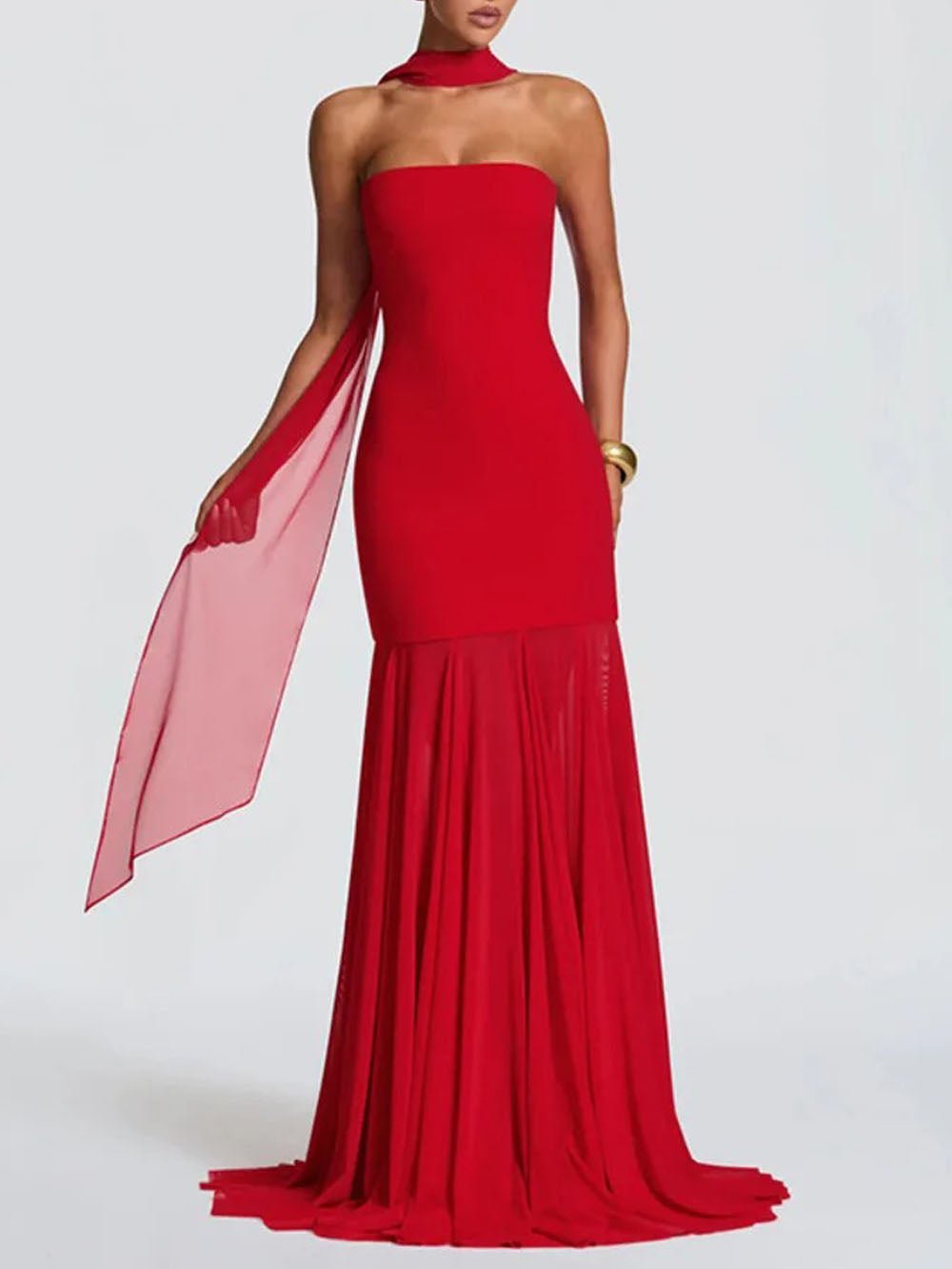 Strapless Scarf Neck Pleated Mermaid Maxi Gown