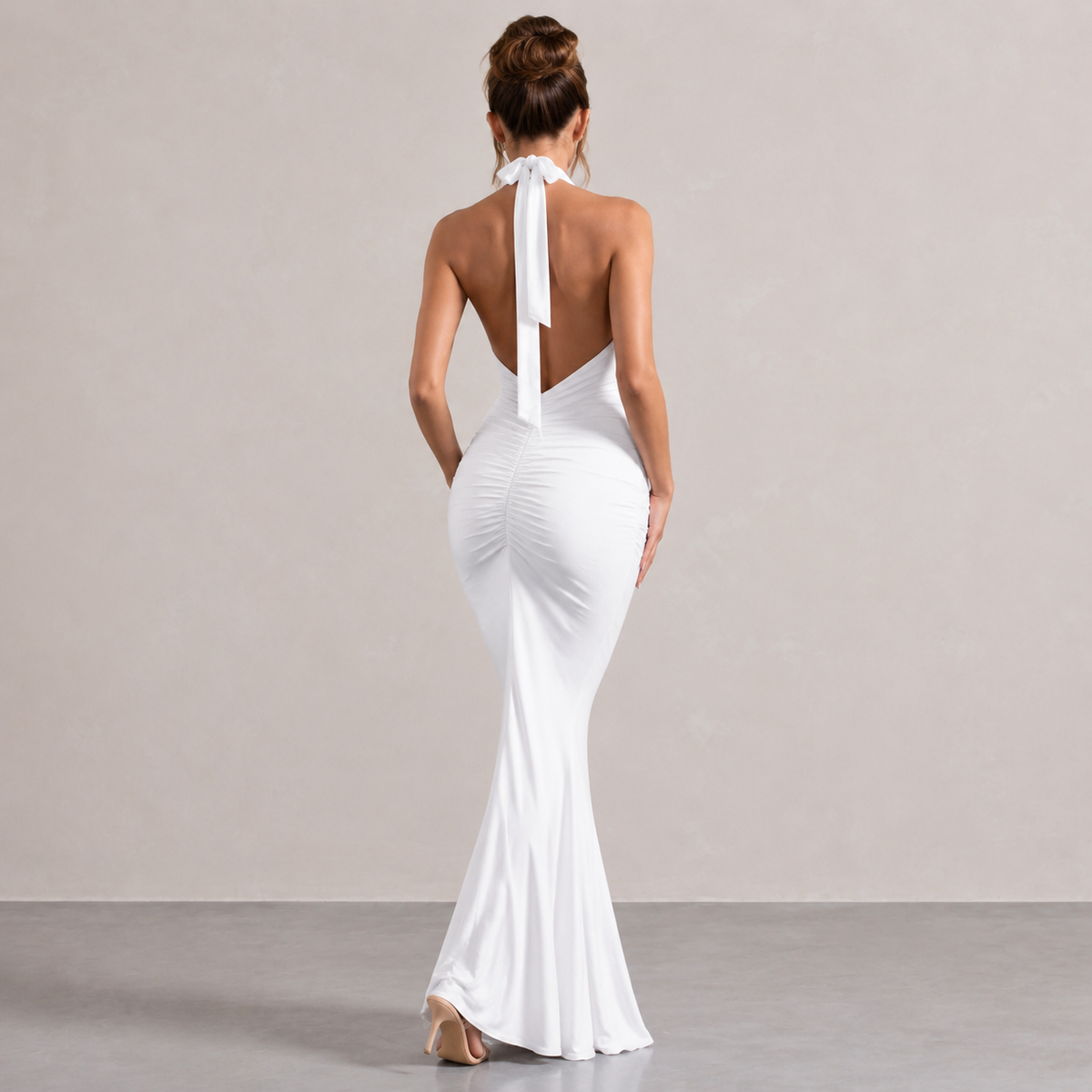 Plunge Halter Neck Ruched Draped Mermaid Maxi Gown 7
