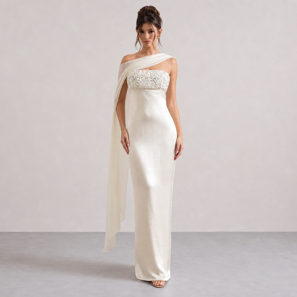 Strapless Embellished One Shoulder Sash Satin Column Maxi Gown