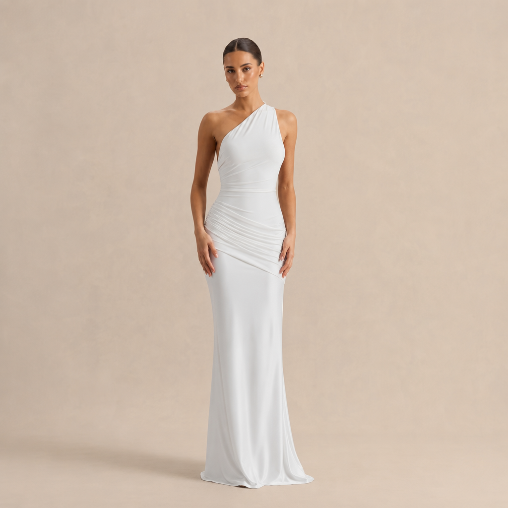 One Shoulder Ruched Satin Fishtail Maxi Gown 4