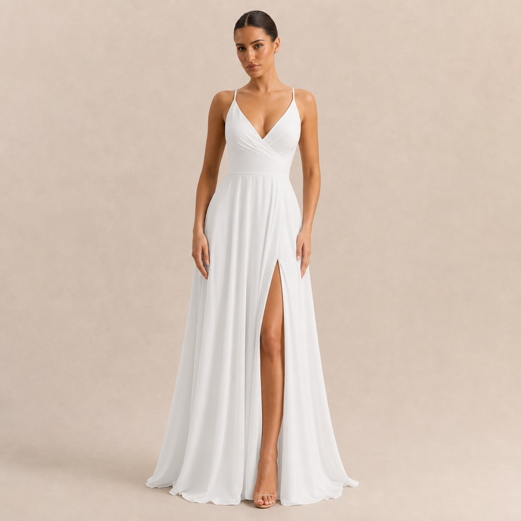 V-Neck Pleated High Split Chiffon Maxi Dress 4