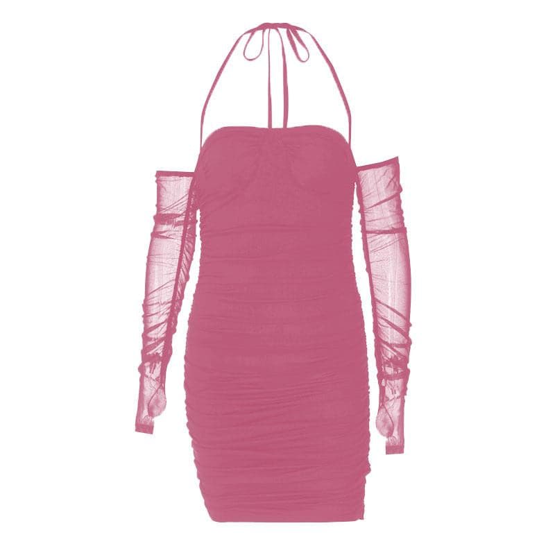 Mesh Glove Halter Neck Ruched Bodycon Mini Dress - View 8
