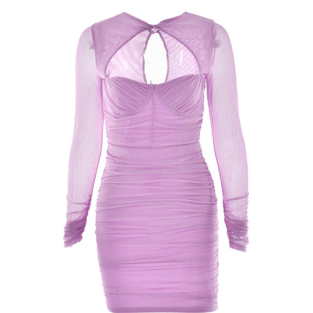 Hollow out ruched mesh long sleeve zip-up button mini dress - View 2