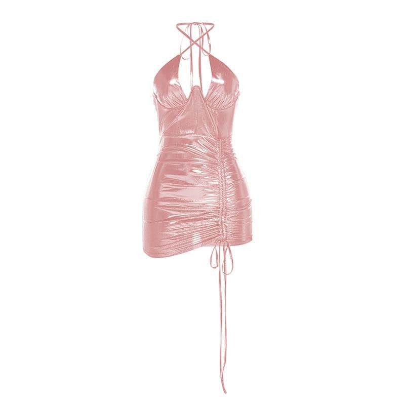 Metallic Halter Neck Ruched Drawstring Bodycon Mini Dress - View 5