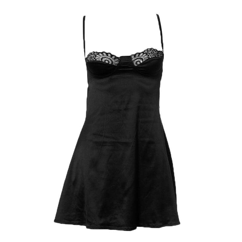 Lace hem satin ruched hollow out backless cami mini dress - View 11